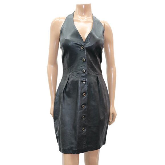 Black Leather Button Front Mini Halter Dress M - Picture 1 of 5